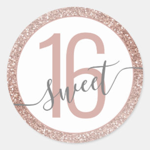 Rose Gold Glitter Ombre Grey Birthday Sweet 16  Classic Round Sticker