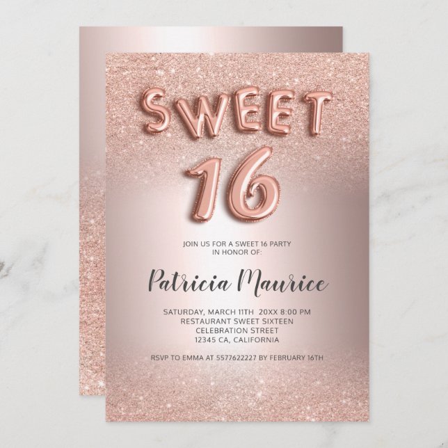 Rose gold glitter ombre letters metallic sweet 16 invitation (Front/Back)