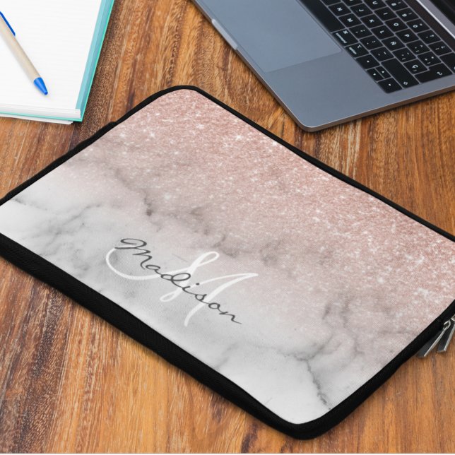 Rose Gold Glitter ombre marble Monogram Laptop Sleeve (Creator Uploaded)
