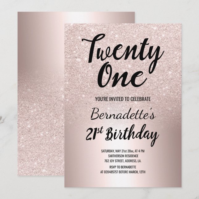 Rose gold glitter ombre metallic 21st Birthday Invitation (Front/Back)