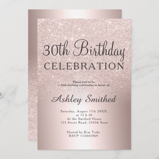 Rose gold glitter ombre metallic 30th birthday invitation (Front/Back)