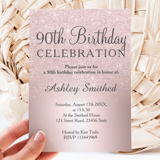 Rose gold glitter ombre metallic 90th birthday invitation (Creator Uploaded)