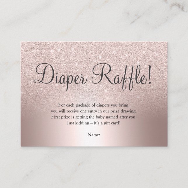 Rose gold glitter ombre metallic diaper raffle enclosure card (Front)
