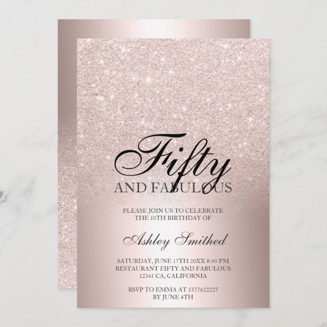 Rose gold glitter ombre metallic fifty fabulous invitation (Front/Back)