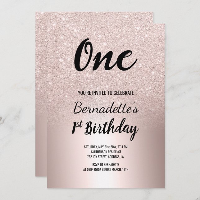 Rose gold glitter ombre metallic first Birthday Invitation (Front/Back)
