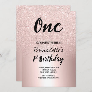 Rose gold glitter ombre metallic first Birthday Invitation