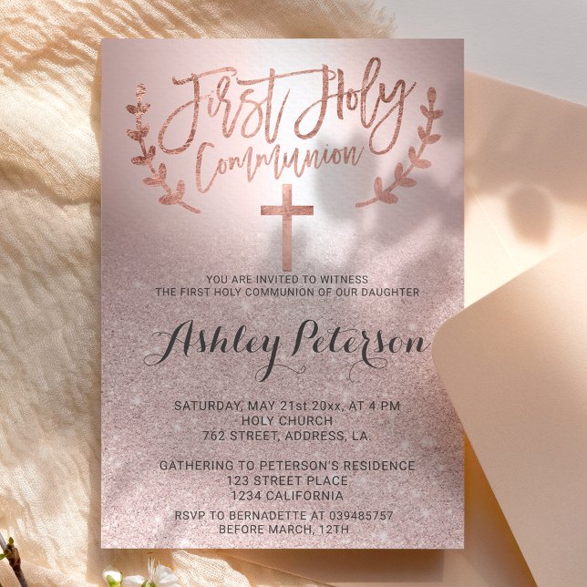 Rose gold glitter ombre metallic first communion invitation (Creator Uploaded)