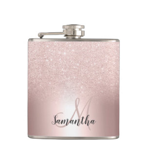 Rose gold glitter ombre metallic foil monogram hip flask