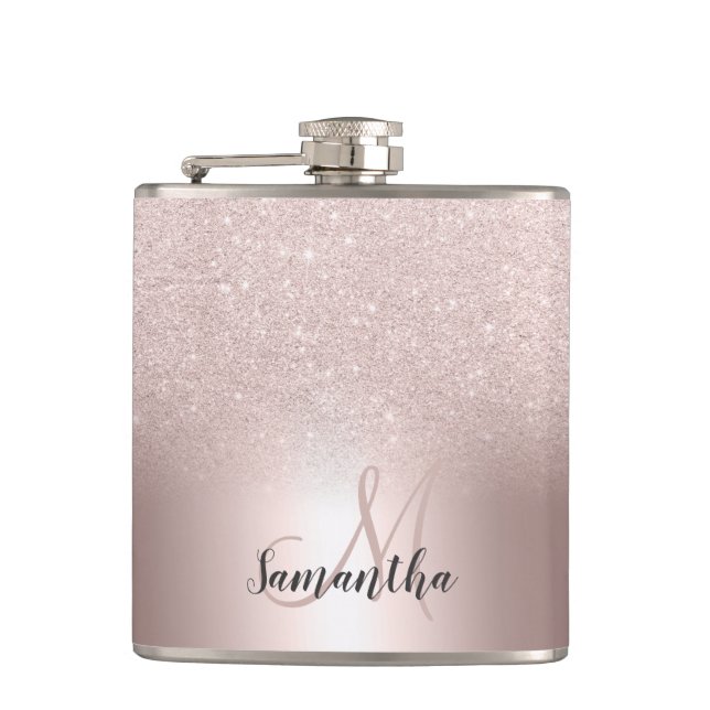 Rose gold glitter ombre metallic foil monogram hip flask (Front)