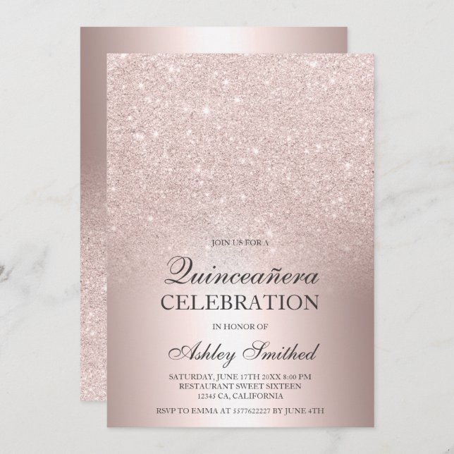 Rose gold glitter ombre metallic foil Quinceañera Invitation (Front/Back)