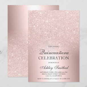 Rose gold glitter ombre metallic foil Quinceañera Invitation