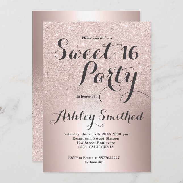 Rose gold glitter ombre metallic foil Sweet 16 Invitation (Front/Back)
