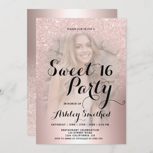 Rose gold glitter ombre metallic photo Sweet 16 Invitation (Front/Back)