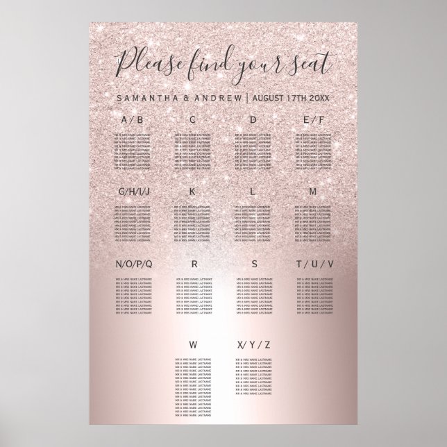 Rose gold glitter ombre metallic seating chart (Front)