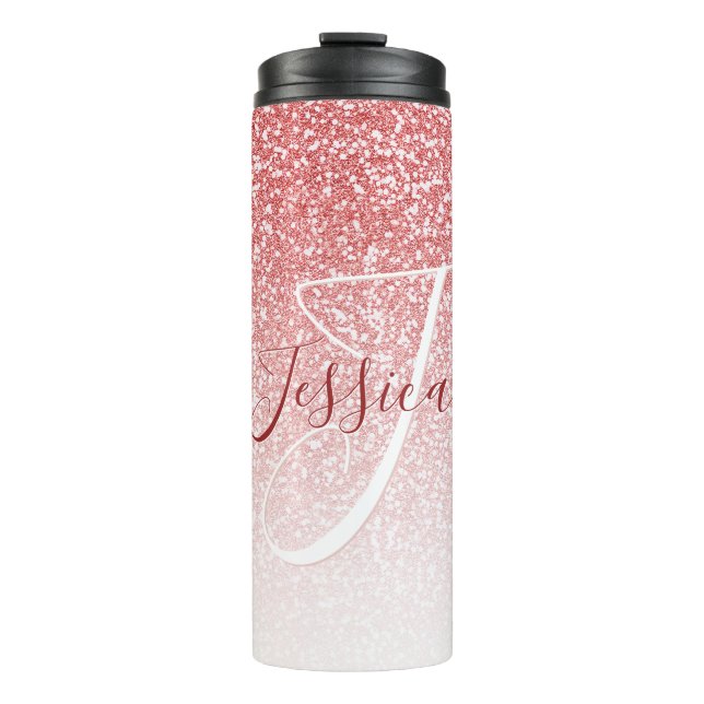 Rose Gold Glitter Ombre Modern Monogram Thermal Tumbler (Front)