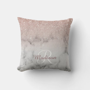 Rose Gold Glitter Ombre Monogram Marble Cushion
