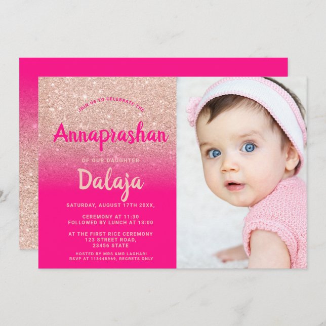 Rose Gold glitter ombre pink photo Annaprashan Invitation (Front/Back)