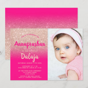 Rose Gold glitter ombre pink photo Annaprashan Invitation