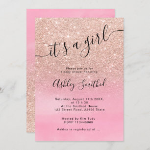 Rose gold glitter ombre pink script baby shower invitation