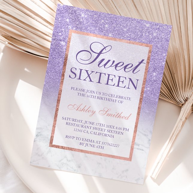 Rose gold glitter ombre purple chic Sweet 16 Invitation (Creator Uploaded)