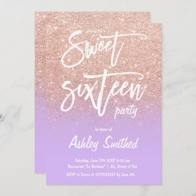 rose gold glitter ombre purple typography Sweet 16 Invitation (Front/Back)