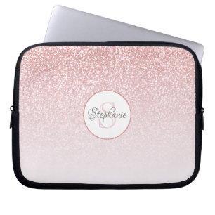 Rose Gold Glitter Ombre Round Monogram Name Laptop Sleeve