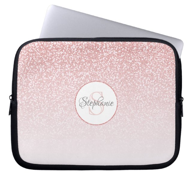 Rose Gold Glitter Ombre Round Monogram Name Laptop Sleeve (Front)