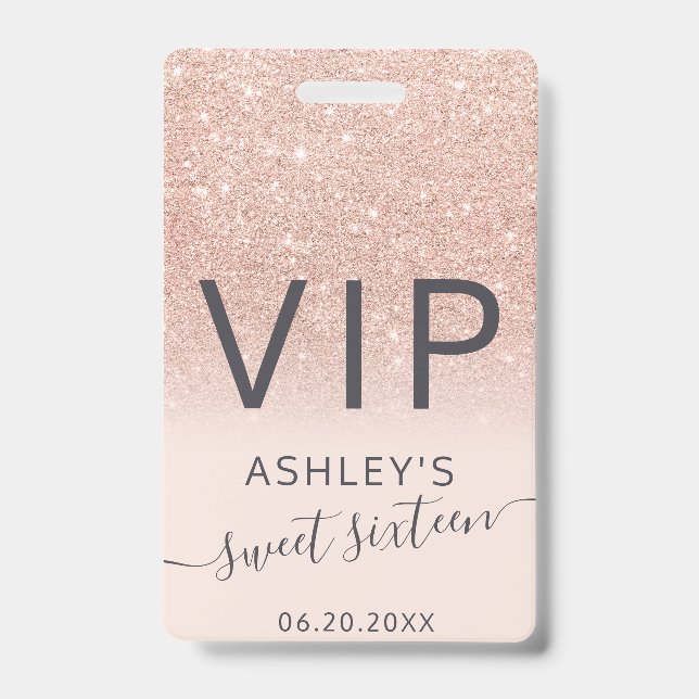 Rose gold glitter ombre script blush Sweet 16 VIP ID Badge (Front)