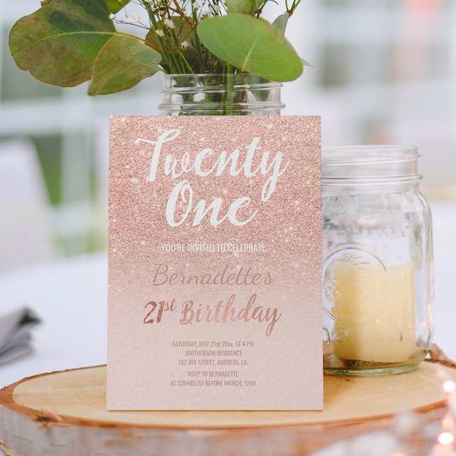 Rose gold glitter ombre script chic 21st Birthday Invitation (Creator Uploaded)