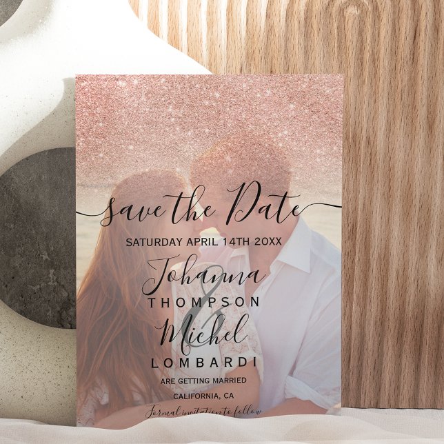 Rose gold glitter ombre script photo save the date announcement postcard (Creator Uploaded)