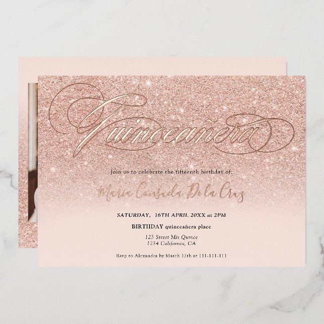 Rose gold glitter ombre script pink quinceañera (Front/Back)