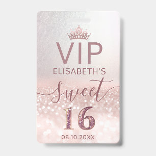 Rose gold glitter ombre script Sweet 16 VIP  Badge ID Badge