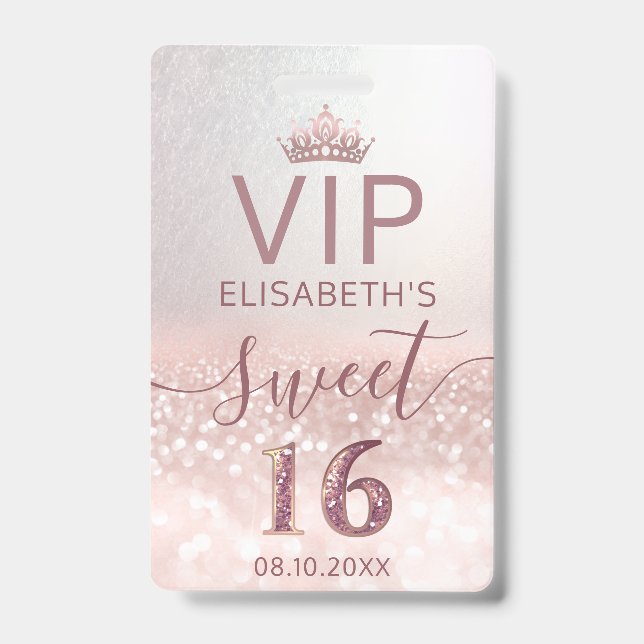 Rose gold glitter ombre script Sweet 16 VIP  Badge ID Badge (Front)