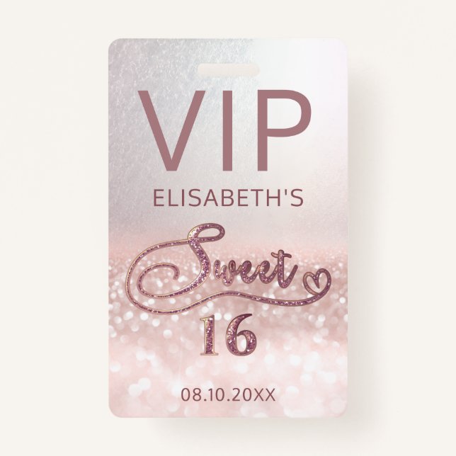 Rose gold glitter ombre script Sweet 16 VIP  ID Badge (Front)
