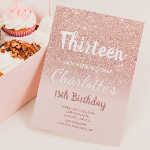 Rose gold glitter ombre script thirteen Birthday Invitation