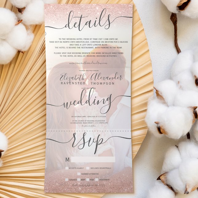 Rose gold glitter ombre white script photo wedding Tri-Fold invitation (Creator Uploaded)