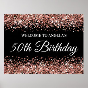 Rose Gold Glitter on Black 50th Birthday Welcome Poster