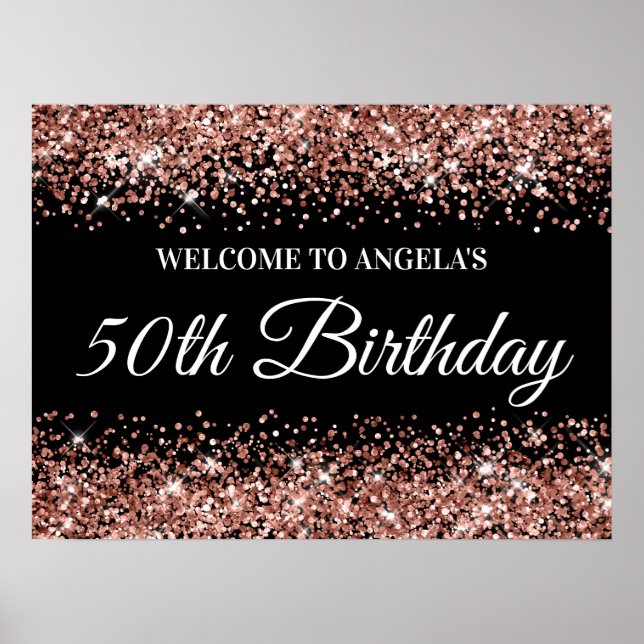 Rose Gold Glitter on Black 50th Birthday Welcome Poster (Front)