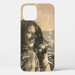 Rose Gold Glitter Overlay Sepia Photo Template iPhone 12 Case