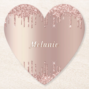 Rose Gold Glitter Paper Coaster with Custom Name
