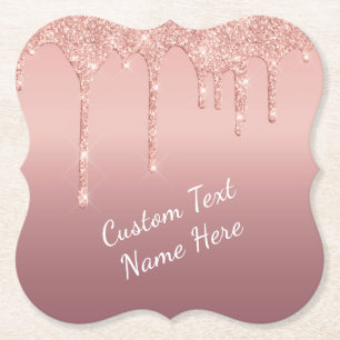 Rose Gold Glitter Paper Coaster with Custom Text