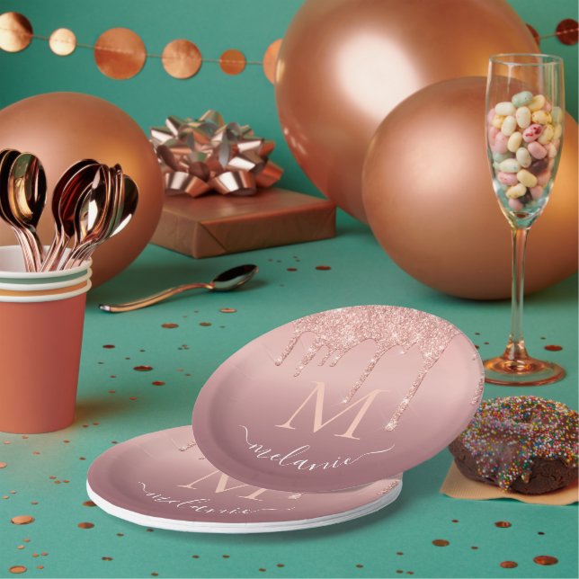 Rose Gold Glitter Paper Plates Custom Name Letter (Multi)