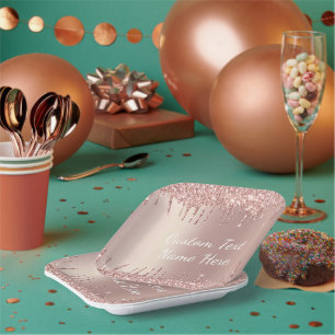 Rose Gold Glitter Paper Plates with Custom Text