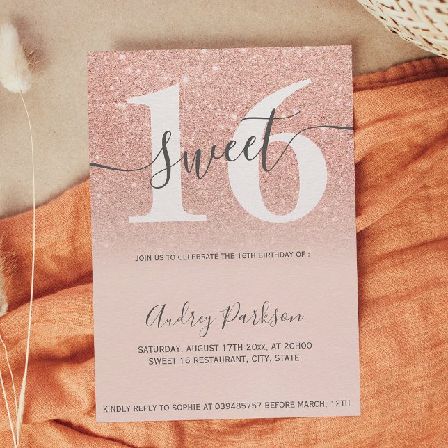 Rose gold glitter pastel blush pink Sweet 16 Invitation (Rose gold glitter pastel blush pink Sweet 16 Invitation)