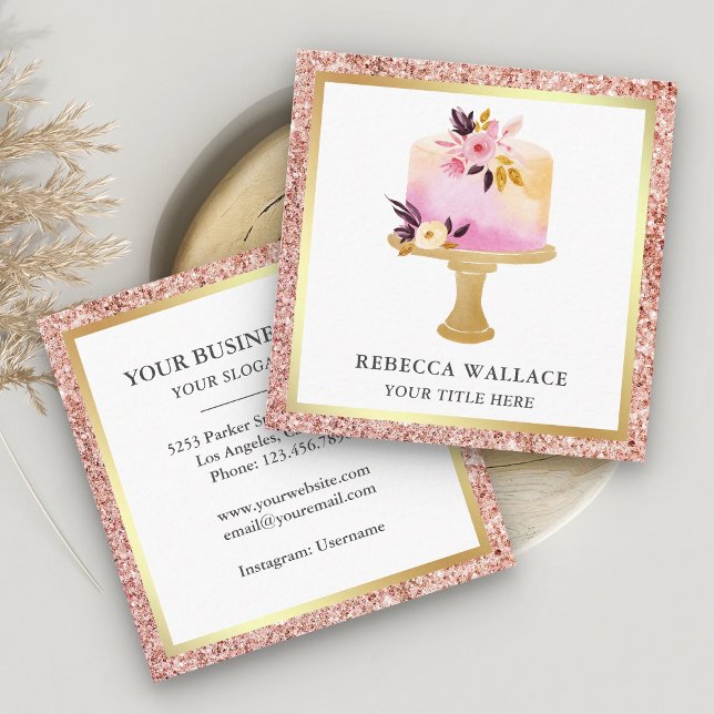 Rose Gold Glitter Pastel Floral Cake Bakery Square Business Card (Creator Uploaded)
