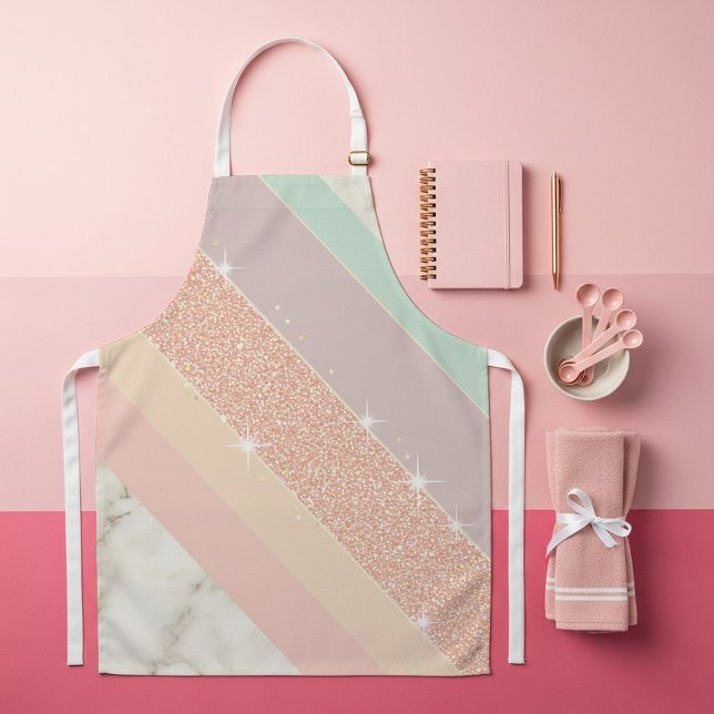 Rose Gold Glitter Pastel Marble Diagonal Stripes Apron (Creator Uploaded)