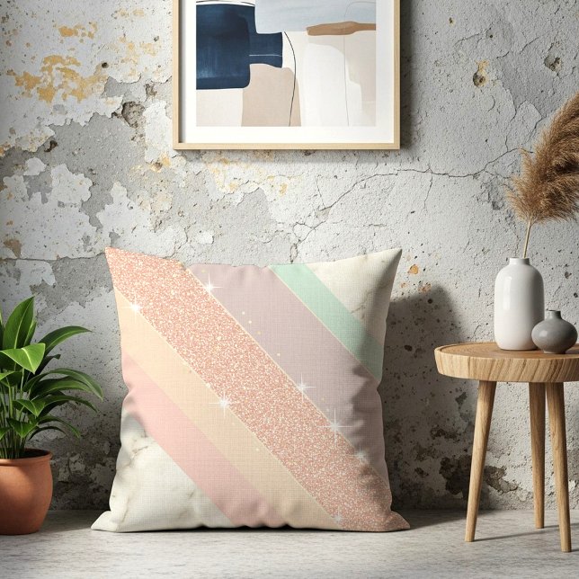 Rose Gold Glitter Pastel Marble Diagonal Stripes Cushion (Creator Uploaded)