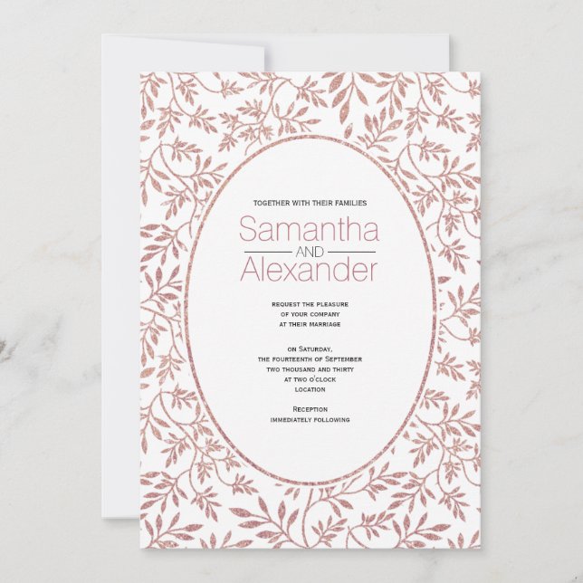 Rose gold glitter pattern of leaves trendy wedding invitation (Front)