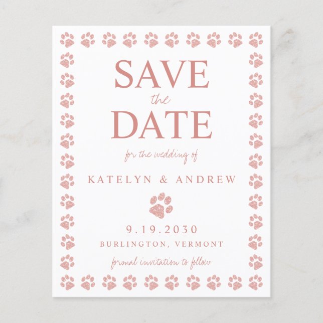 Rose Gold Glitter Paw Print Save The Date Postcard (Front)