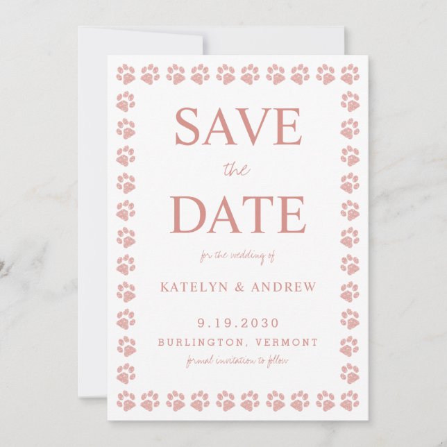 Rose Gold Glitter Paw Print Wedding Save The Date Invitation (Front)